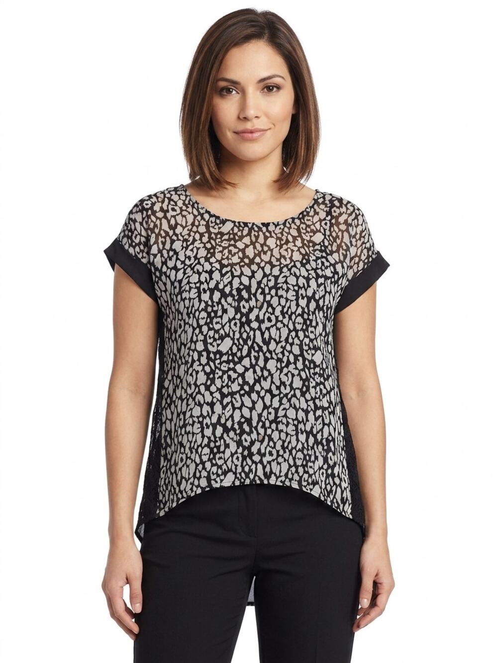 bebe Black Animal Print Asymmetrical Scoop Neck Chiffon Blouse Women Size M